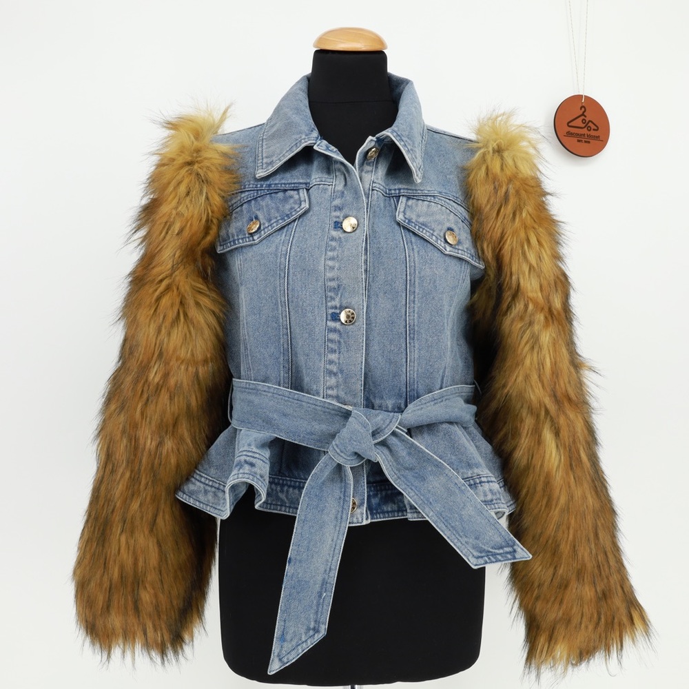Azalea Wang‎ Denim Jacket Fur Sleeves Belted Ruffle Peplum Size Large NWOT